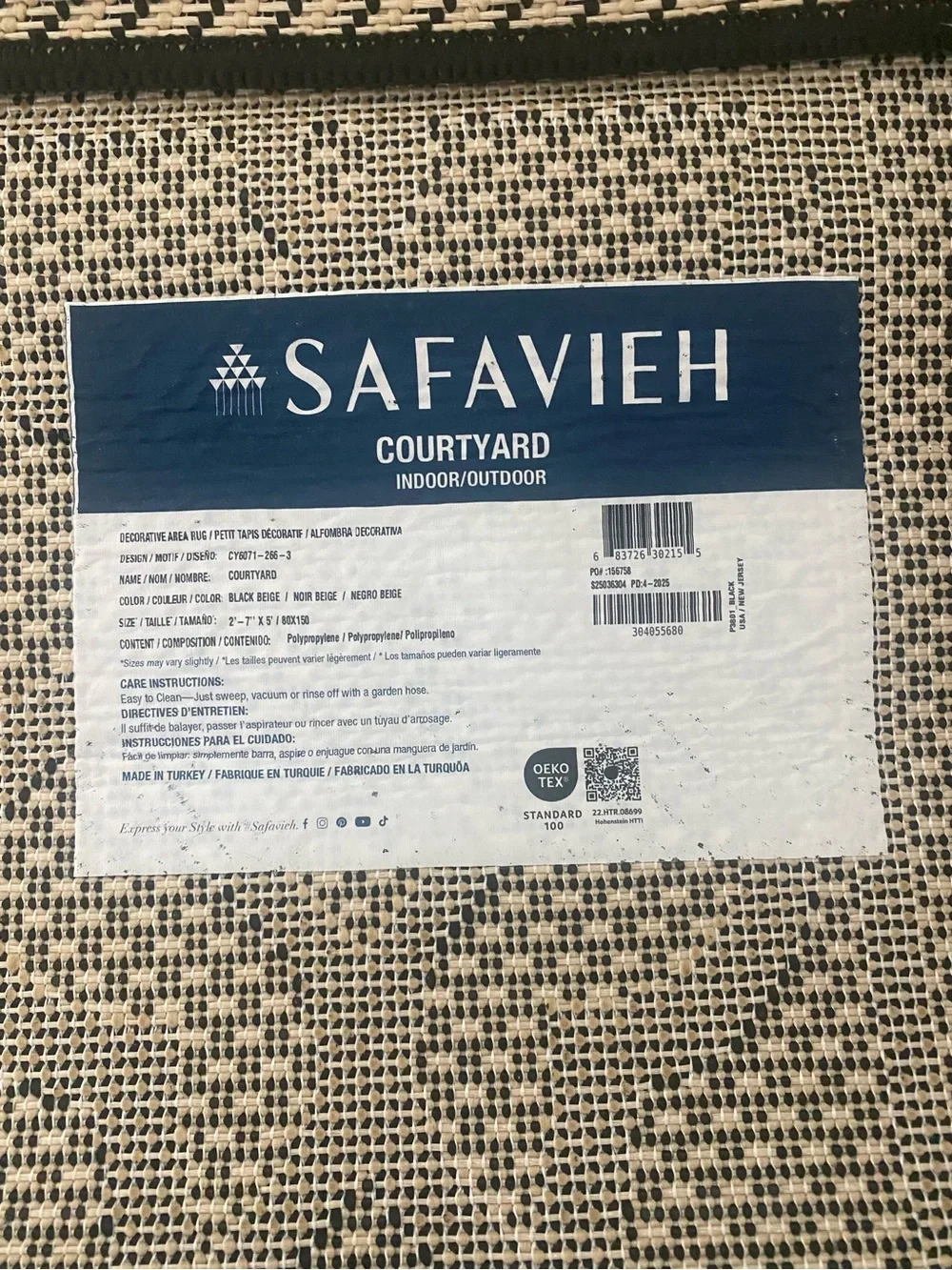 New Safavieh courtyard Black cream indoor outdoor Door Mat rug 3x5